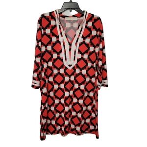 Tracy Negoshian Long Sleeve Geometric  Dress Size L Orange Diamonds Aztec Office